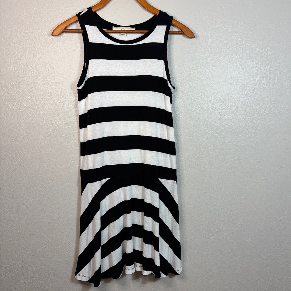 Ann Taylor Loft Black and White Striped Fit Flare Mini Dress - Size XS Petite - Picture 5 of 7